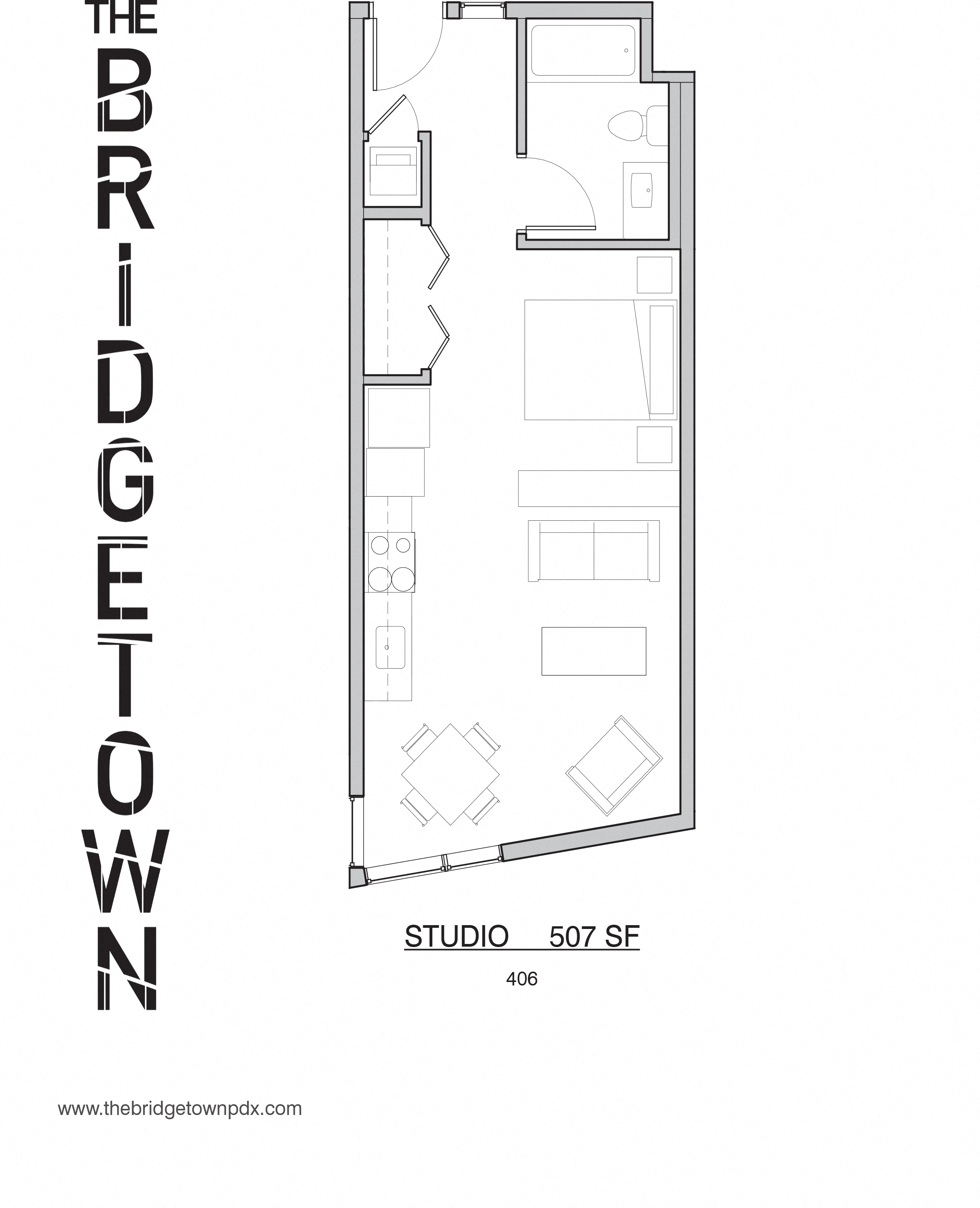 Floor plan for studio, 1 bath, 507 sqft